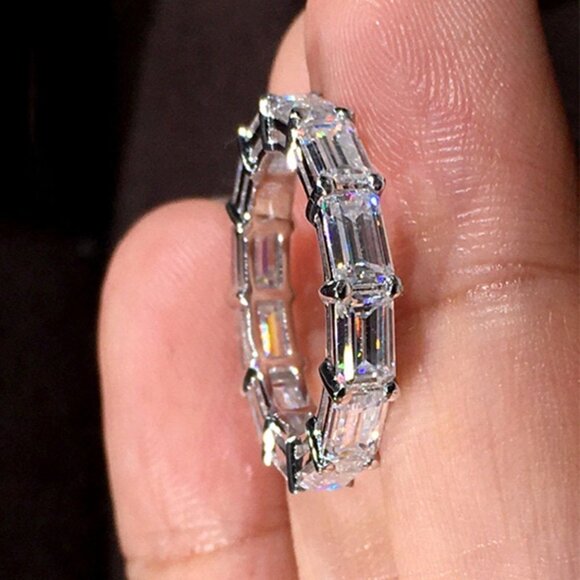 🎁925 Silver Plated Imitate Moissanite Ring Emerald CZ Ring, MARR9390 - Picture 2 of 6